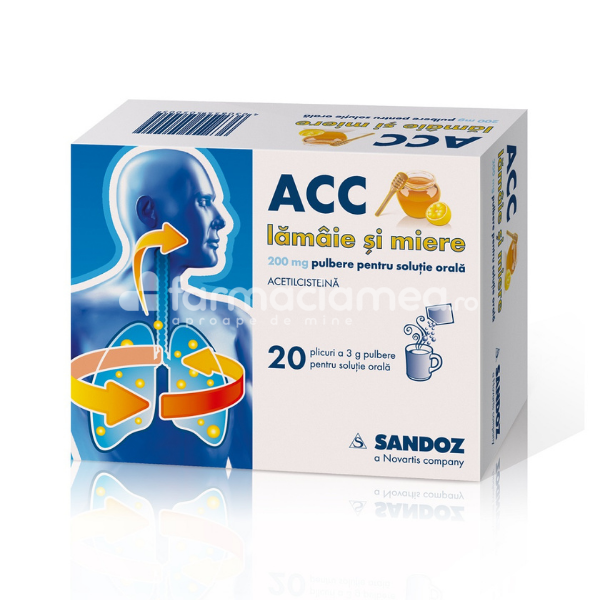 Tuse ambele forme OTC - ACC lamaie si miere 200 mg/plic  pulbere pentru solutie orala, contine acetilcisteina, indicat in tuse productiva, de la 2 ani, 20 plicuri, Sandoz, farmaciamea.ro