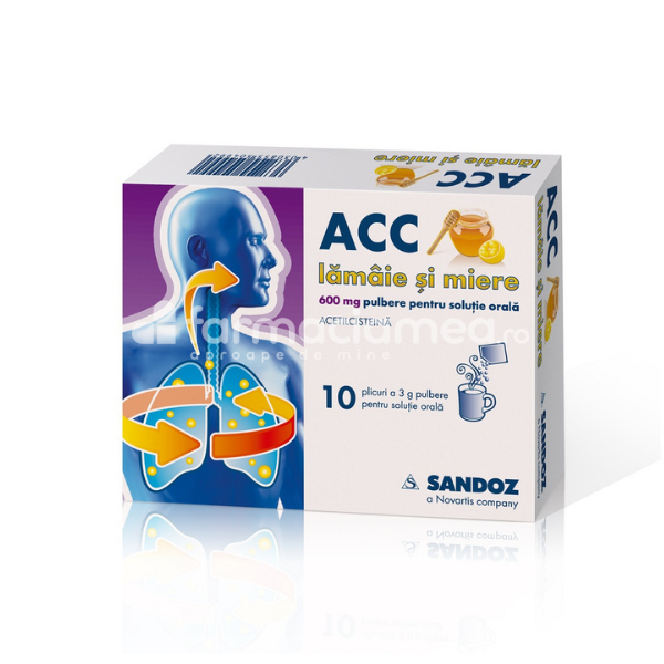 Tuse ambele forme OTC - ACC lamaie si miere 600 mg/plic  pulbere pentru solutie orala, contine acetilcisteina, indicat in tuse productiva, de la 14 ani, 10 plicuri, Sandoz, farmaciamea.ro
