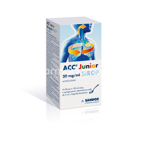 Tuse ambele forme OTC - ACC Junior 20 mg/ml sirop, contine acetilcisteina, indicat in tuse productiva copii, de la 2 ani, 100 ml, Sandoz, farmaciamea.ro