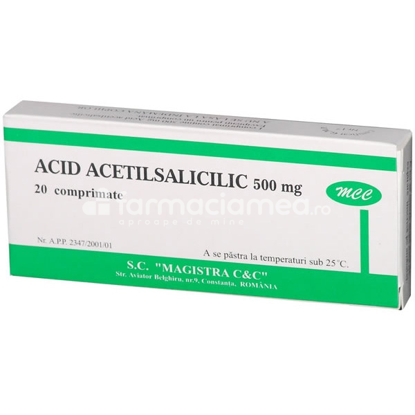 Durere OTC - Acid acetilsalicilic MCC 500mg, cu efect analgezic, antipiretic si antiinflamator, 20 comprimate, Magistra, farmaciamea.ro