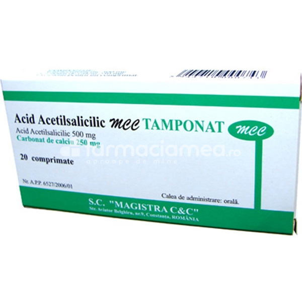 Durere OTC - Acid acetilsalicilic tamponat MCC 500mg, cu efect analgezic, antipiretic si antiinflamator, 20 comprimate, Magistra, farmaciamea.ro