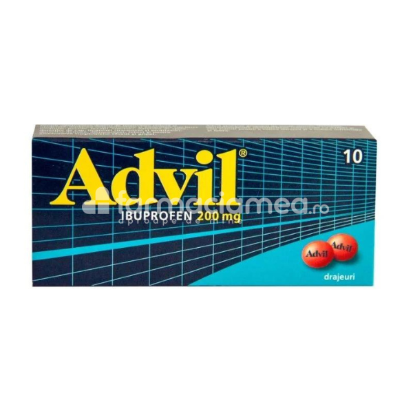 Durere OTC - Advil 200mg, contine ibuprofen, cu efect antiinflamator, analgezic si antipiretic, calmeaza durerea, reduce inflamatia si febra, 10 drajeuri, GSK, farmaciamea.ro