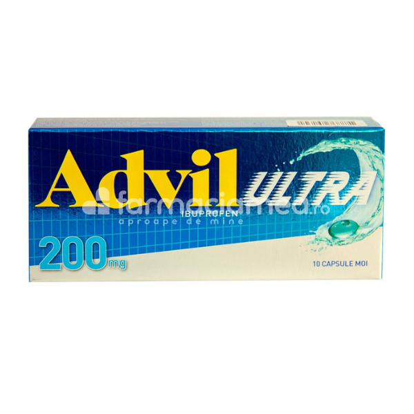 Durere OTC - Advil Ultra 200mg, contine ibuprofen, cu efect antiinflamator, analgezic si antipiretic, calmeaza durerea, reduce inflamatia si febra, 10 drajeuri, GSK, farmaciamea.ro