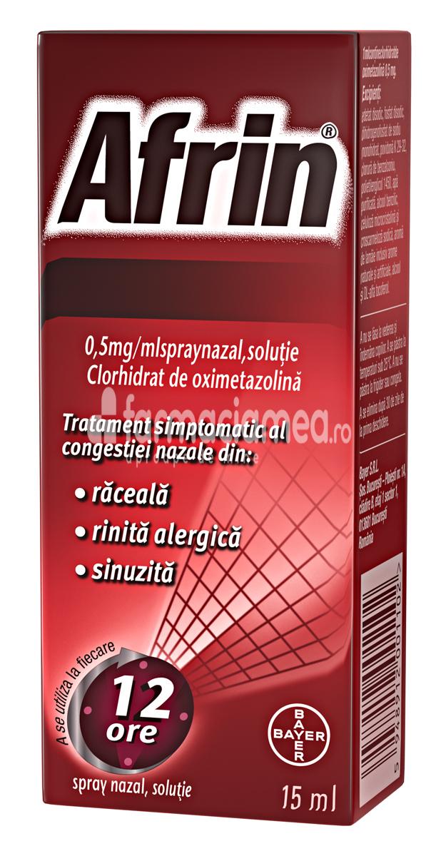 Decongestionant nazal OTC - Afrin 0,5mg/ml spray pentru nas infundat, conține clorhidrat de oximetazolină, indicat in raceala si rinita alergica, de la 6 ani, flacon 15 ml, Bayer, farmaciamea.ro