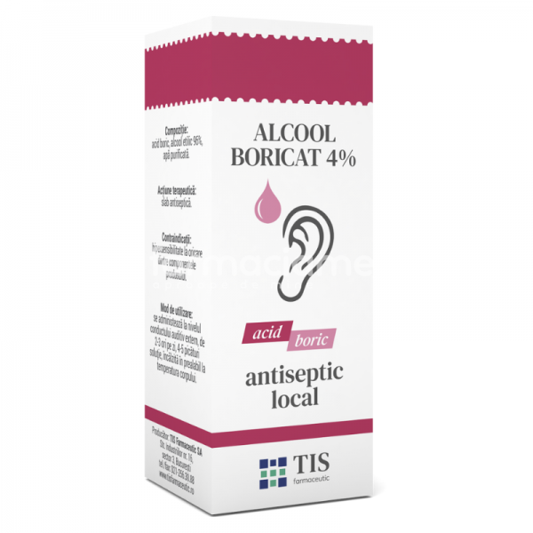 Consumabile medicale - Alcool Boricat 4%, antiseptic local, auricular, dezinfectant, antiinflamator local, 15ml, Tis Farmaceutic, farmaciamea.ro