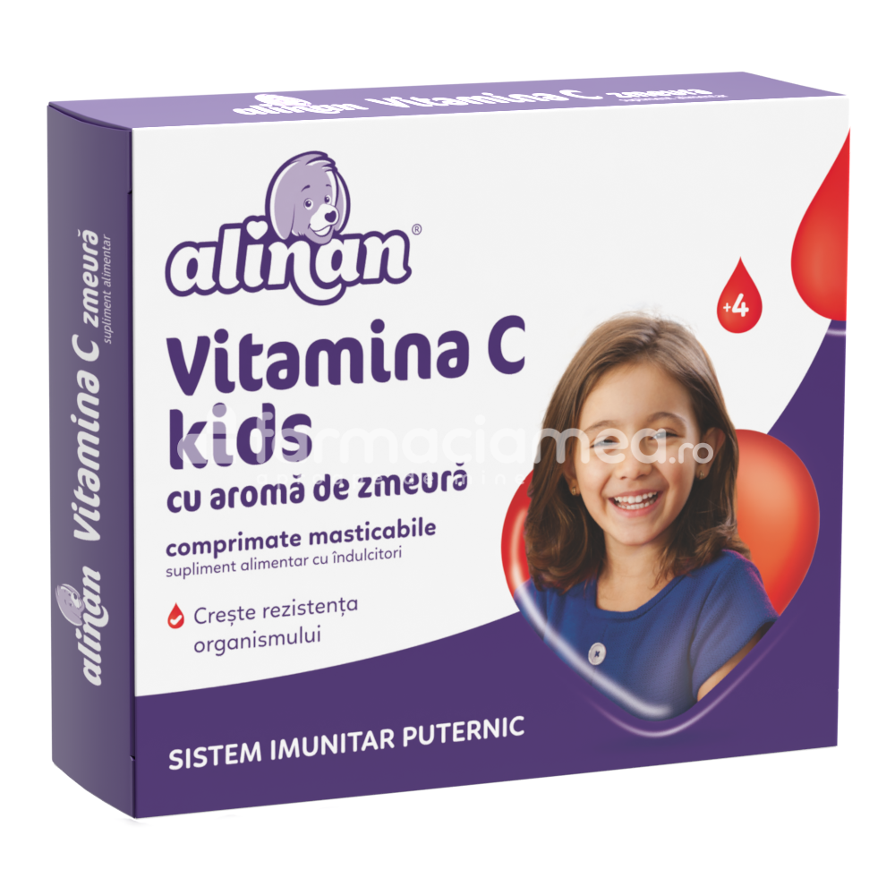 Imunitate copii - Alinan Vitamina C Kids zmeura, 20 comprimate masticabile, Fiterman Pharma, farmaciamea.ro