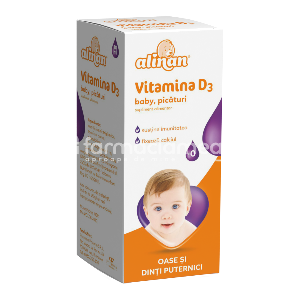 Vitamine și minerale copii - Alinan Vitamina D3 Baby solutie, 10 ml, Fiterman Pharma, farmaciamea.ro