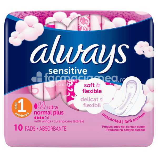 Igienă intimă - Absorbante Sensitive Ultra Normal Plus, 10 bucati, Always, farmaciamea.ro