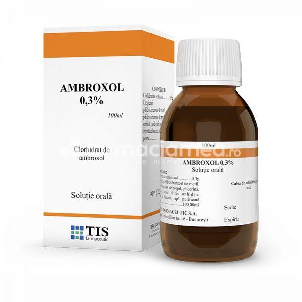 Tuse ambele forme OTC - Ambroxol 0,3% solutie orala, faciliteaza dizolvarea mucusului din caile aeriene, indicat in tuse productiva, copii sub 2 ani, 100ml, Tis Farmaceutic, farmaciamea.ro