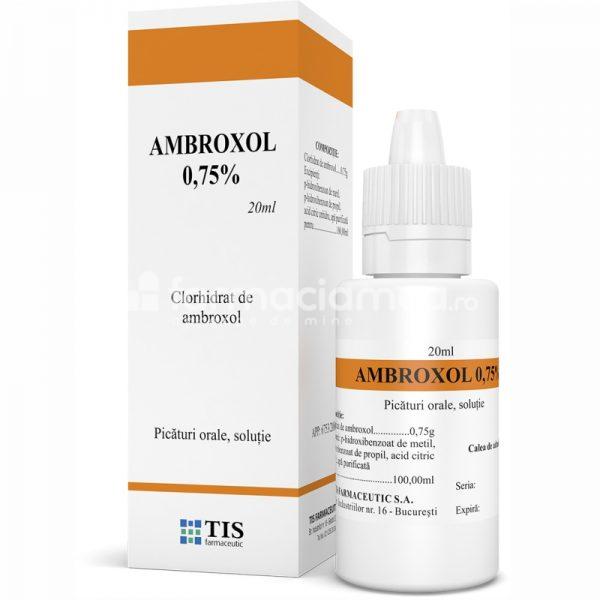 Tuse ambele forme OTC - Ambroxol 0,75% picaturi orale solutie, faciliteaza dizolvarea mucusului din caile aeriene, indicat in tuse productiva, copii sub 2 ani, 20ml, Tis Farmaceutic, farmaciamea.ro