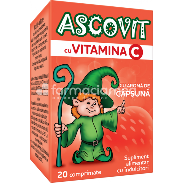 Vitamine și minerale copii - Ascovit capsuni 100mg, 20 comprimate masticabile, Perrigo, farmaciamea.ro