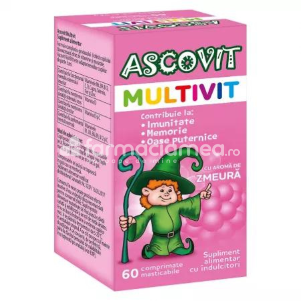 Vitamine și minerale copii - Ascovit Multivit cu aroma de zmeura, 60 comprimate masticabile Omega Pharma, farmaciamea.ro