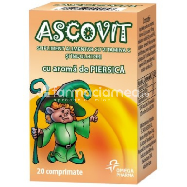 Vitamine și minerale copii - Ascovit piersica 100mg, 20 comprimate masticabile, Perrigo, farmaciamea.ro