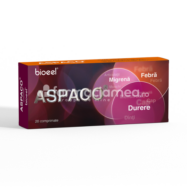 Durere OTC - Aspaco, contine acid acetilsalicilic, paracetamol si codeina, indicat in tratamentul durerii, de la 15 ani, 20 de comprimate, Bioeel, farmaciamea.ro