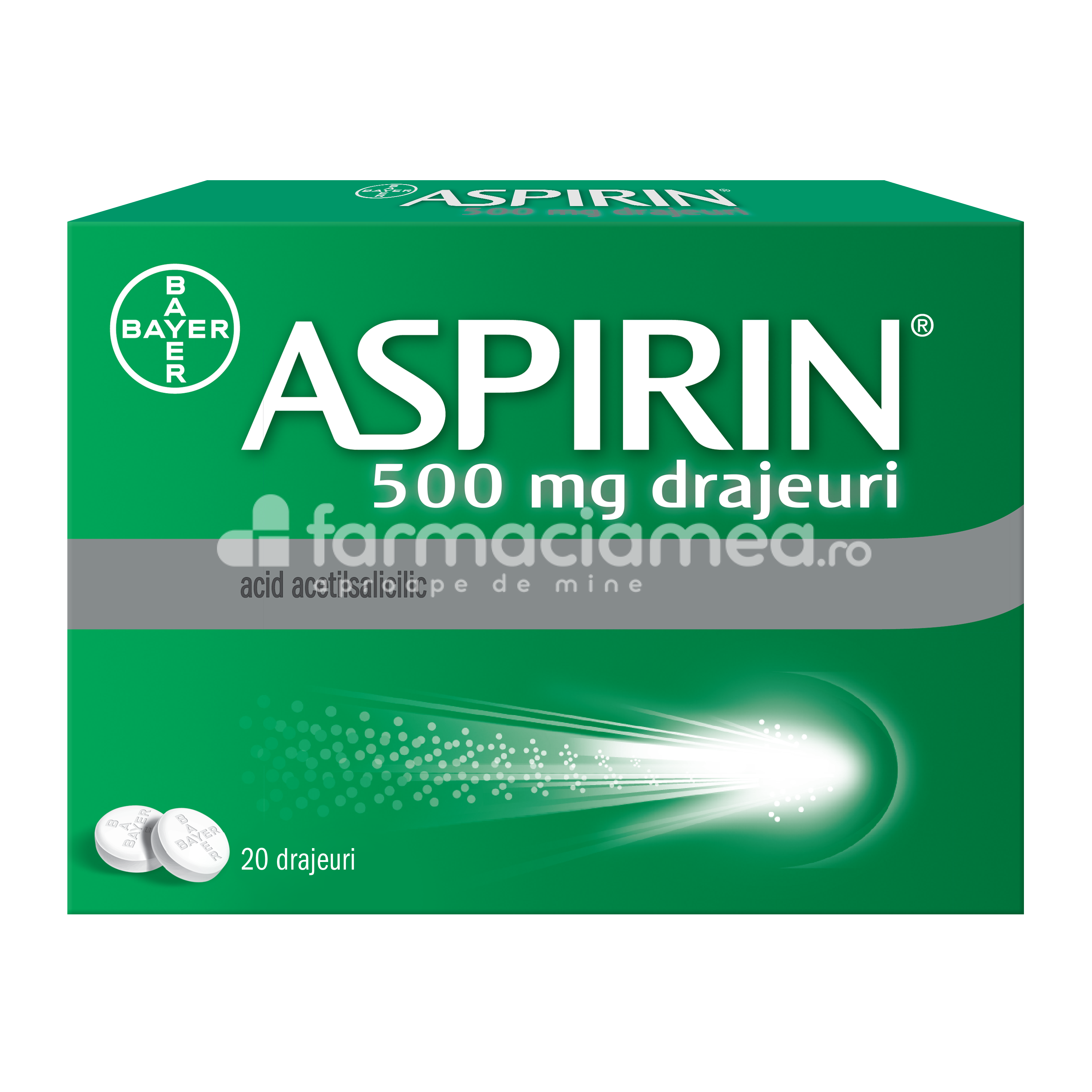 Durere OTC - Aspirin 500 mg, contine acid acetilsalicilic, cu efect analgezic si antipiretic, indicat in reducerea durerii si scaderea febrei, de la 16 ani, 20 de drajeuri, Bayer, farmaciamea.ro