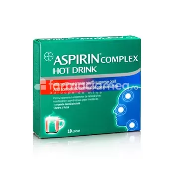 Răceală și gripă OTC - Aspirin Complex HotDrink 500mg/30 suspensie, contine acid acetilsalicilic si clorhidrat de pseudoefedrina, cu efect analgezic, antiinflamator si antipiretic, indicat in raceala si gripa, rinosinuzita, de la 16 ani, 10 plicuri, Bayer, farmaciamea.ro