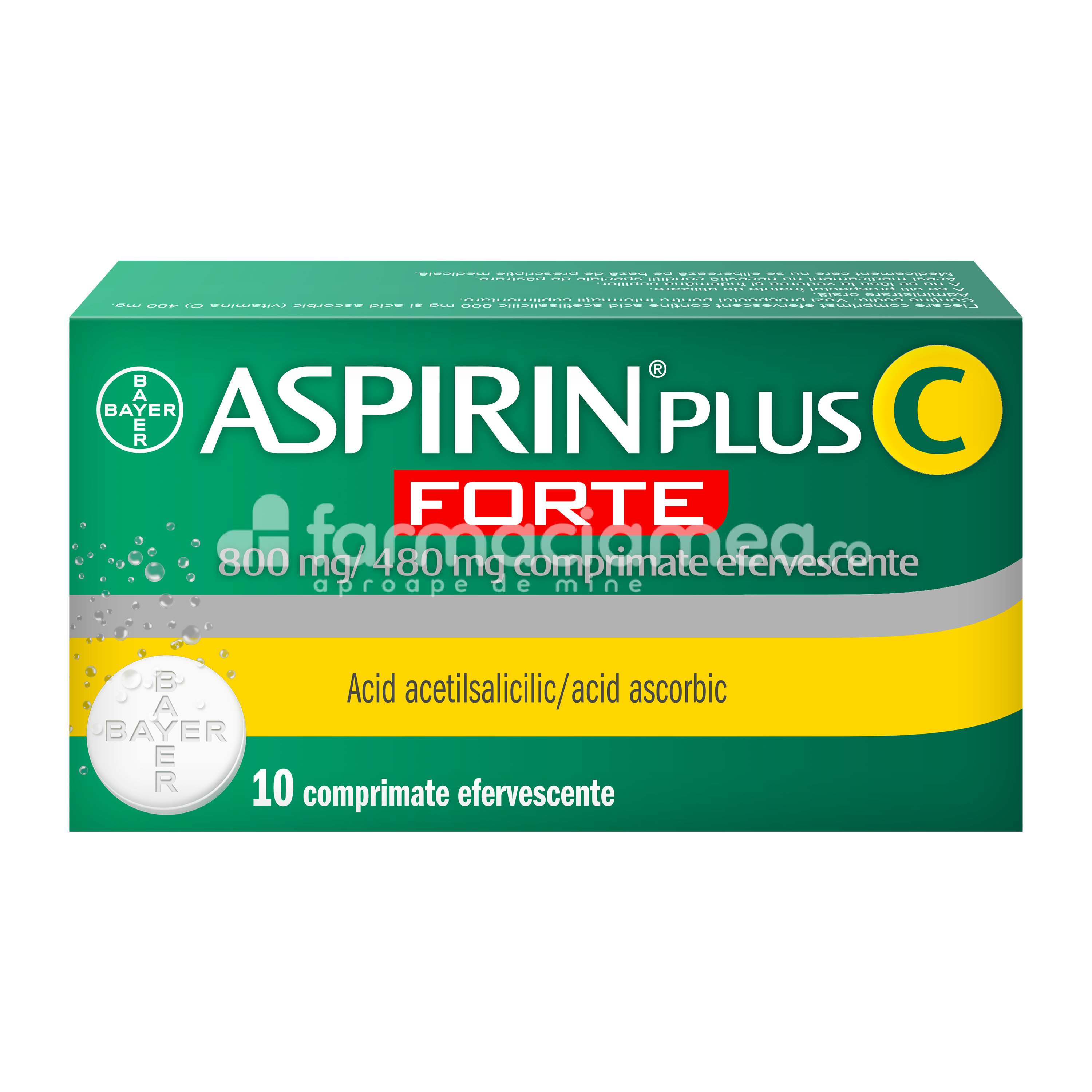 Durere OTC - Aspirin plus C forte, contine acid acetilsalicilic si Vitamina C, cu efect amalgezic, antiiflamator si antipiretic, indicat  in durere, febra si raceala, de la 16 ani, 10 comprimate efervescente, Bayer, farmaciamea.ro