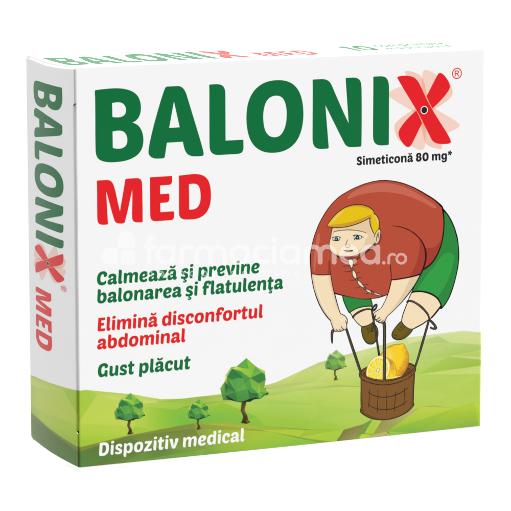 Antibalonare și antiflatulență - Balonix Med previne si trateaza gazele intestinale, de la 6 ani, 10 comprimate masticabile, Fiterman Pharma, farmaciamea.ro