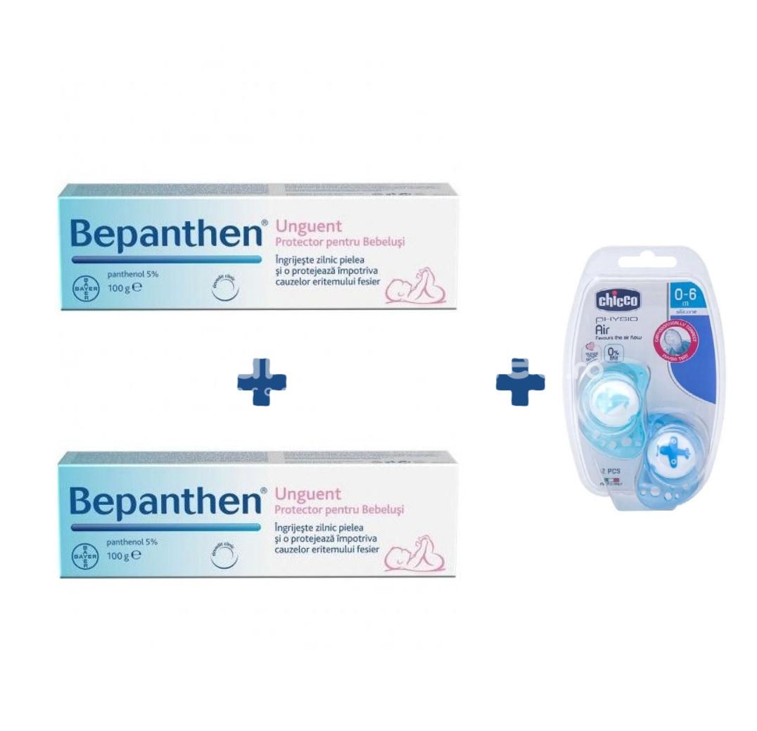 Dermatologie pediatrică - Bepanthen 5% panthenol unguent, 100 g, 2 tuburi + Chicco suzete 0-6 luni fete/ baieti, farmaciamea.ro