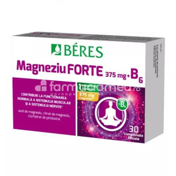 Minerale și vitamine - Magneziu forte 375 mg + B6, 30 comprimate filmate, Beres, farmaciamea.ro