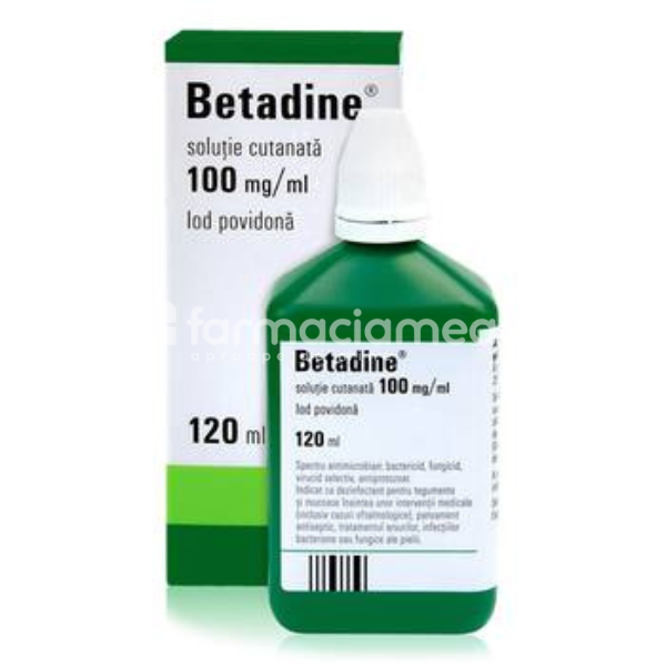 Afecțiuni ale pielii OTC - Betadine solutie cutanata 100mg/ml, contine iod povidona, antiseptic cu spectru larg, indicat in dezinfectia pielii si mucoaselor, 120ml, Egis, farmaciamea.ro