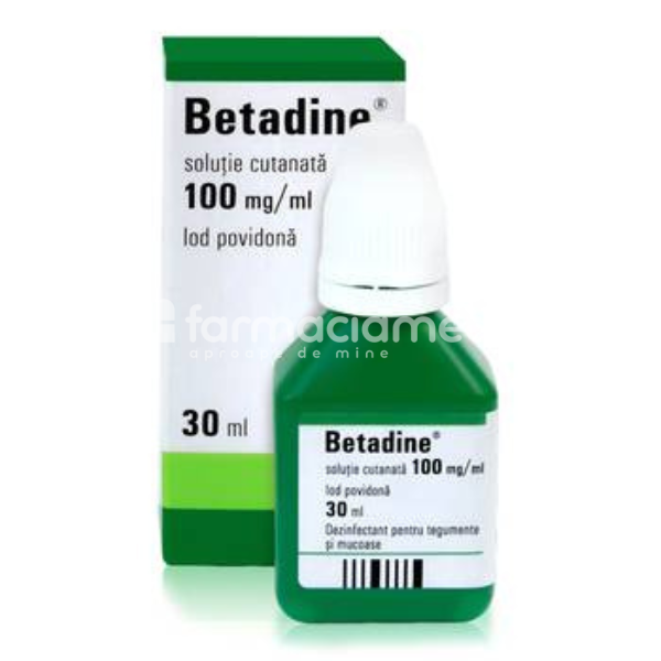Afecțiuni ale pielii OTC - Betadine solutie cutanata 100mg/ml, contine iod povidona, antiseptic cu spectru larg, indicat in dezinfectia pielii si mucoaselor, 30ml, Egis, farmaciamea.ro