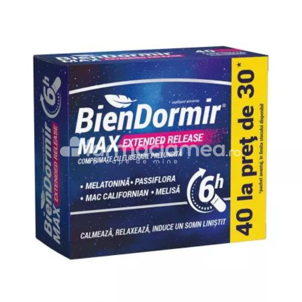 Calmare și somn liniștit - Bien Dormir Max Extended Release, 40 comprimate cu eliberare prelungire Fiterman Pharma, farmaciamea.ro
