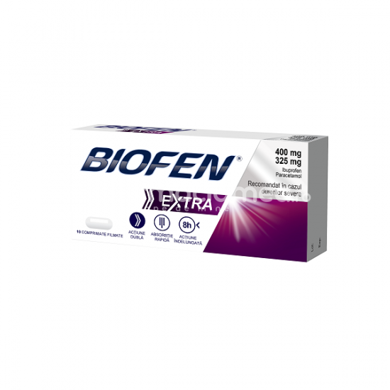 Durere OTC - Biofen Extra 400mg/325mg, contine paracetamol si ibuprofen, cu efect analgezic, antiinflamator si antipiretic, indicat in raceala si gripa, ameliorarea durerii, 10 comprimate filmate, Biofarm, farmaciamea.ro