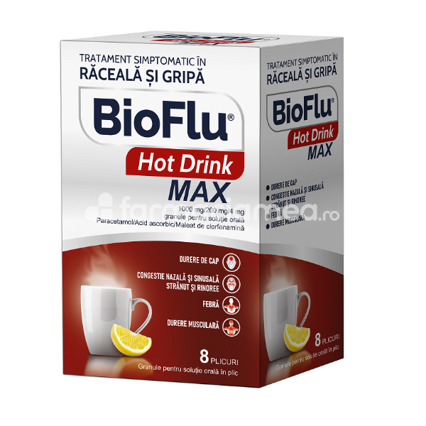 Răceală și gripă OTC - Bioflu Hot Drink Max 1000mg/200mg/4mg, 8 plicuri, Biofarm, farmaciamea.ro