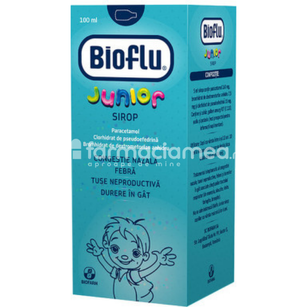 Răceală și gripă OTC - Bioflu Junior sirop, contine paracetamol, clorhidrat de pseudoefedrina si bromhidrat de dextrometorfan, indicat in tuse seaca, nas infundat si febra, de la 6 ani, 100 ml, Biofarm, farmaciamea.ro