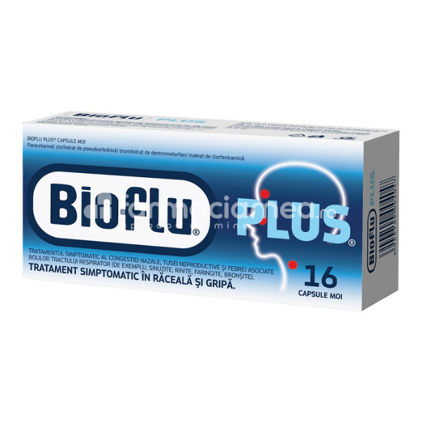 Răceală și gripă OTC - Bioflu Plus, contine paracetamol, clorhidrat de pseudoefedrina, bromhidrat de dextrometorfan si maleat de clorfeniramina, indicat in tuse seaca, nas infundat si febra,16 capsule, Biofarm, farmaciamea.ro