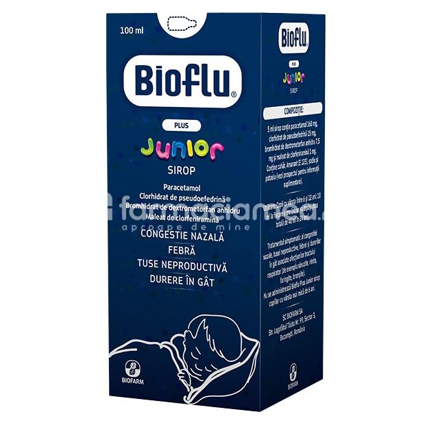 Răceală și gripă OTC - Bioflu Plus Junior sirop, contine paracetamol, clorhidrat de pseudoefedrina, bromhidrat de dextrometorfan si maleat de clorfeniramina, indicat in tuse seaca, nas infundat si febra, de la 6 ani, 100 ml, Biofarm, farmaciamea.ro