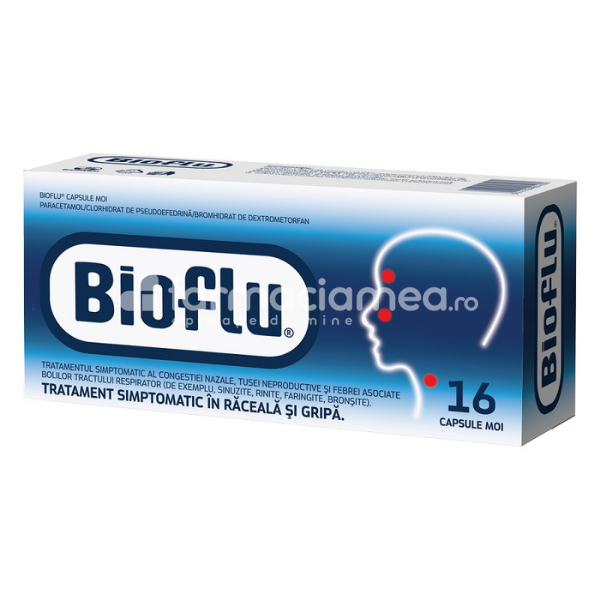 Răceală și gripă OTC - Bioflu, contine paracetamol, clorhidrat de pseudoefedrina si bromhidrat de dextrometorfan, indicat in tuse seaca, nas infundat si febra,16 capsule, Biofarm, farmaciamea.ro