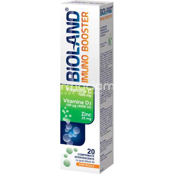Imunitate - Bioland Imuno booster, vitamina C + D3 + Zinc, 20 comprimate efervescente, Biofarm, farmaciamea.ro