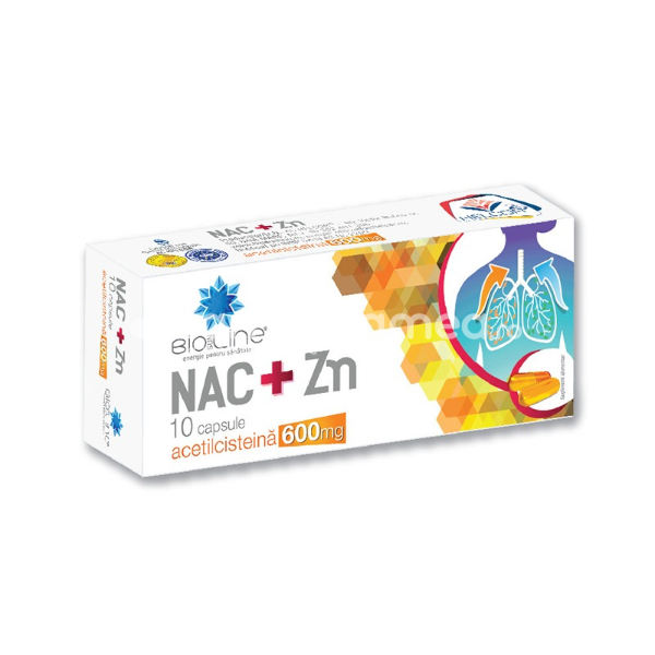 Tuse - BioSunLine Acetilcisteina – NAC+Zn 600 mg cu Vitamina C, 10 capsule Helcor, farmaciamea.ro