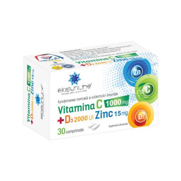 Imunitate - BioSunLine Vitamina C 1000mg + D3 2000UI + Zinc 15mg, 30 comprimate Helcor, farmaciamea.ro