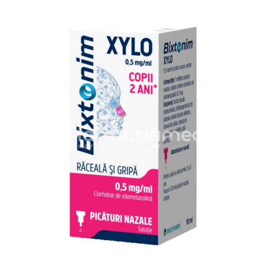 Decongestionant nazal OTC - Bixtonim Xylo 0,5mg/ml picaturi, contine clorhidrat de xilometazolina, cu efect decongestionant, indicat in nas infundat, rinite, edem postoperator, de la 2 ani, 10 ml, Biofarm, farmaciamea.ro