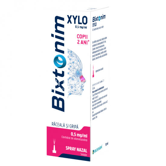 Decongestionant nazal OTC - Bixtonim Xylo 0,5mg/ml spray, contine clorhidrat de xilometazolina, cu efect decongestionant, indicat in nas infundat, rinite, edem postoperator, de la 2 ani, 10 ml, Biofarm, farmaciamea.ro