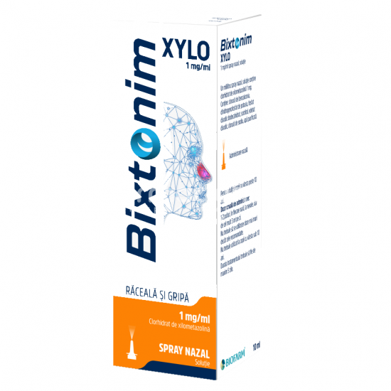 Decongestionant nazal OTC - Bixtonim Xylo 1mg/ml spray, contine clorhidrat de xilometazolina, cu efect decongestionant, indicat in nas infundat, rinite, edem postoperator, de la 6 ani, 10 ml, Biofarm, farmaciamea.ro