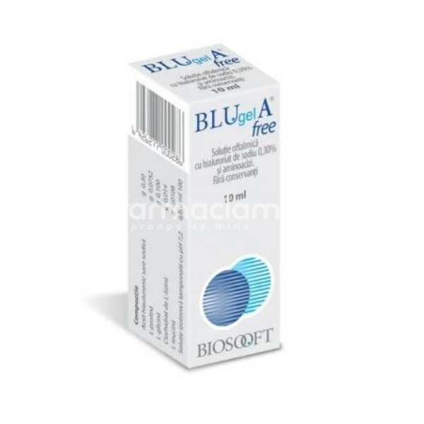 Produse oftalmologice - Blu Gel A Free 0,3% solutie oftalmica care protejeaza, umidifica si lubrifiaza suprafata ochiului, 10ml, Biosooft, farmaciamea.ro