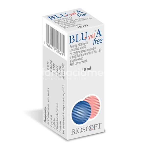 Produse oftalmologice - Blu Yal A Free 0.15% solutie oftalmica pentru ochi uscati, protejeaza si lubrifiaza suprafata ochiului, 10ml, Biosooft, farmaciamea.ro