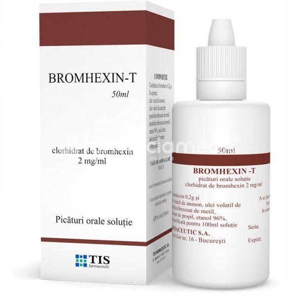 Tuse ambele forme OTC - Bromhexin-T 2 mg/ml picaturi orale solutie,  indicat ca fluidifiant al secretiilor bronsice in cursul afectiunilor bronho-pulmonare insotite de secretii vascoase, 50ml, Tis Farmaceutic, farmaciamea.ro