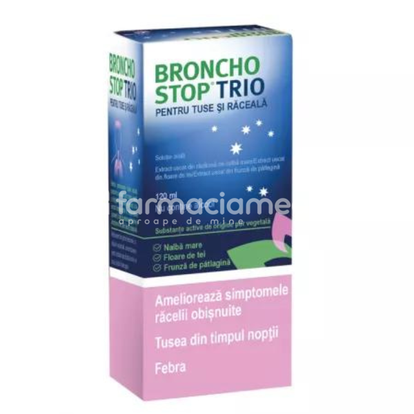 Tuse ambele forme OTC - Bronchostop Trio pentru tuse şi răceală soluție orală, 120 ml, Kwizda Pharma, farmaciamea.ro