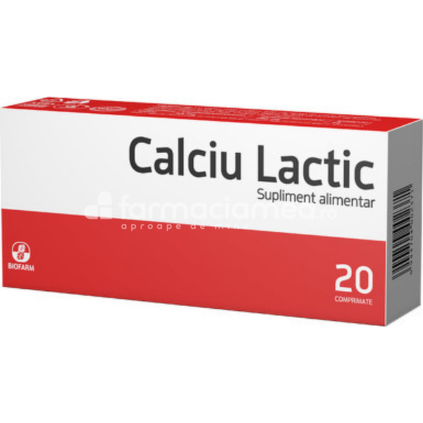Minerale și vitamine - Calciu Lactic supliment recomandat in anemie, sprijina sanatatea oaselor si a dintilor,  20 comprimate, Biofarm, farmaciamea.ro