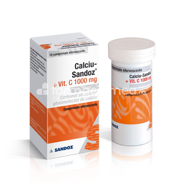 Vitamine și minerale OTC - Calciu cu Vitamina C 1000 mg, 10 comprimate efervescente, Sandoz, farmaciamea.ro