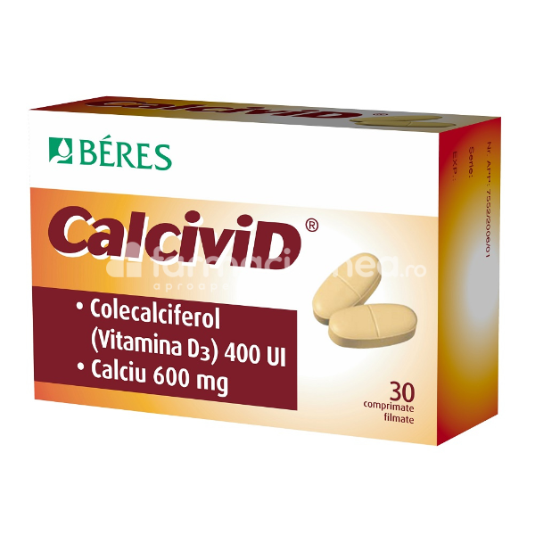 Vitamine și minerale OTC - Calcivid 600 mg / 400 UI - Calciu si Vitamina D, 60 comprimate filmate, Beres, farmaciamea.ro