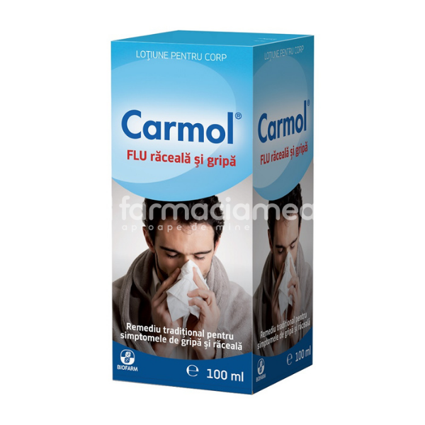 Raceală și gripă adulți - Carmol Flu lotiune pentru frectie, indicat in raceala si gripa, 100 ml, Biofarm, farmaciamea.ro