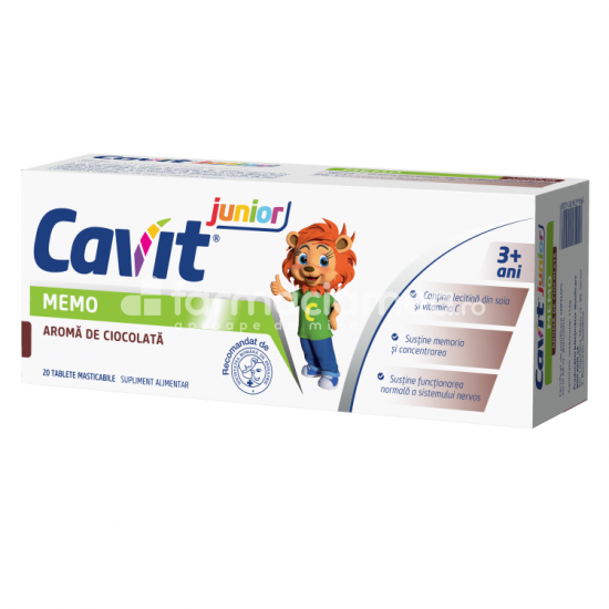 Vitamine și minerale copii - Cavit Junior Memo ciocolata, 20 tablete masticabile, Biofarm, farmaciamea.ro
