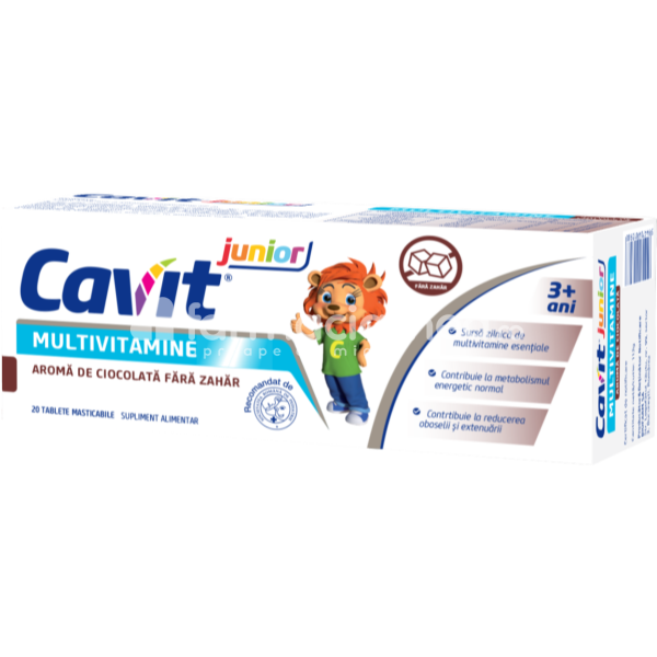 Vitamine și minerale copii - Cavit Junior Multivitamine cu Ciocolate Fara Zahar, 20 comprimate masticabile Biofarm, farmaciamea.ro
