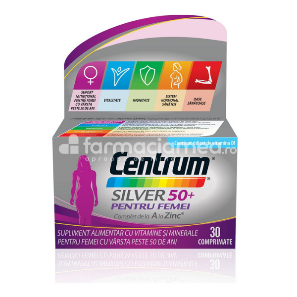 Minerale și vitamine - Centrum Silver 50+ este special conceput pentru femeile peste 50 de ani, sprijina imunitatea, sustine oasele, regleaza metabolismul, 30 comprimate, Gsk, farmaciamea.ro